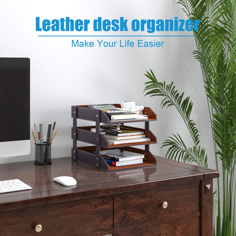 Thipoten Leather Desk Organizer, Thipoten 3-Tier Stackable Letter Tray Holder for Office Supplies, Paper, File, Magazine, Perfect Office Organization for Desktop (Brown-3Tiers) - Image 5